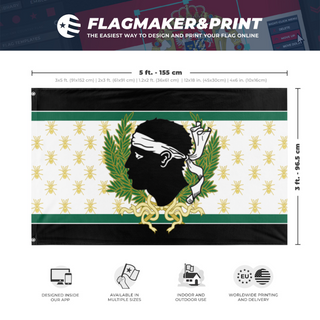 A mockup depicting custom flag specifications and measurements for 'Imperu Federale Corsu flag'