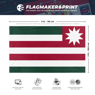 A mockup depicting custom flag specifications and measurements for 'KAMIWORLD flag'