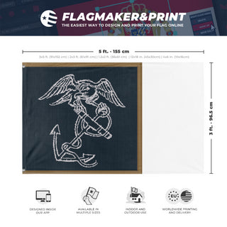 A mockup depicting custom flag specifications and measurements for 'Marine Corp Regimental flag'