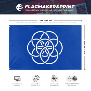 A mockup depicting custom flag specifications and measurements for 'International Flag of Planet Earth'