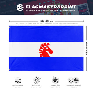 A mockup depicting custom flag specifications and measurements for 'Tricoslavia flag'