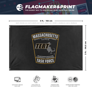 A mockup depicting custom flag specifications and measurements for 'MA_TERT flag'