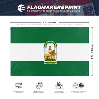 A mockup depicting custom flag specifications and measurements for 'Andalusia'