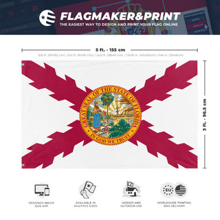 A mockup depicting custom flag specifications and measurements for 'Florida State Flag with Cross of Burgundy'