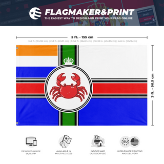 A mockup depicting custom flag specifications and measurements for 'Crustacean Nation. flag'