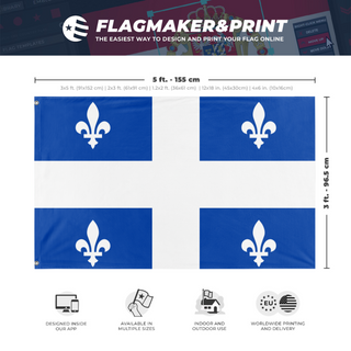 A mockup depicting custom flag specifications and measurements for 'quebec flag'