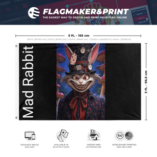 A mockup depicting custom flag specifications and measurements for 'Mad Rabbit flag'