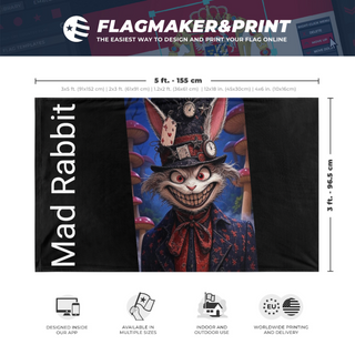 A mockup depicting custom flag specifications and measurements for 'Mad Rabbit flag'