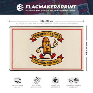 A mockup depicting custom flag specifications and measurements for 'common Caliber  flag'