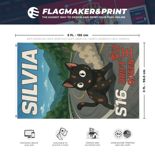 A mockup depicting custom flag specifications and measurements for 'silvia flag'