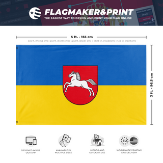 A mockup depicting custom flag specifications and measurements for 'Free State of Brunswick flag'