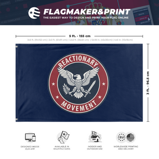 A mockup depicting custom flag specifications and measurements for 'Reactionary flag'