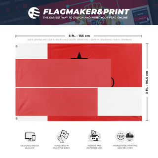 A mockup depicting custom flag specifications and measurements for 'T flag'