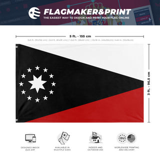 A mockup depicting custom flag specifications and measurements for 'Workers party of Pluto  flag'