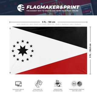 A mockup depicting custom flag specifications and measurements for 'Workers party of Pluto  flag'