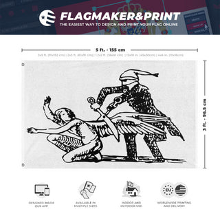 A mockup depicting custom flag specifications and measurements for 'angelwings flag'