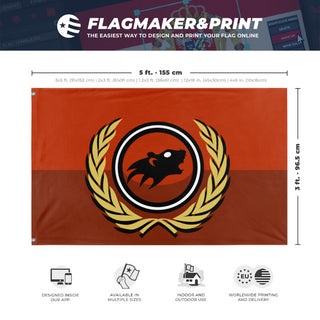 A mockup depicting custom flag specifications and measurements for 'Rat Flag'