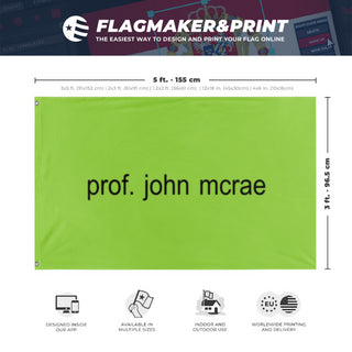 A mockup depicting custom flag specifications and measurements for 'prof john  flag'