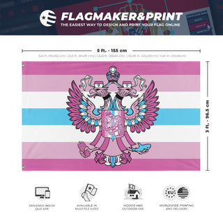 A mockup depicting custom flag specifications and measurements for 'Femboy Russia Pride flag'