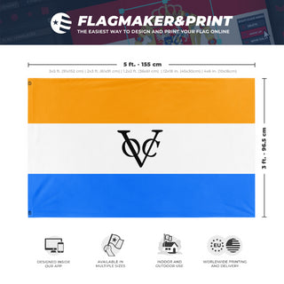 A mockup depicting custom flag specifications and measurements for 'Orange VOC flag'