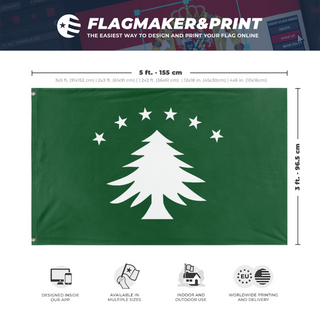 A mockup depicting custom flag specifications and measurements for 'New England Green Tree flag'