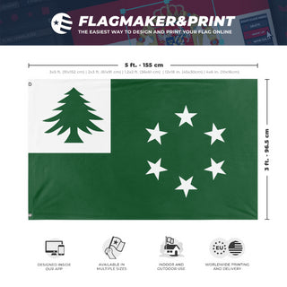 A mockup depicting custom flag specifications and measurements for 'New England flag'