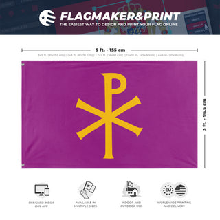 A mockup depicting custom flag specifications and measurements for 'Purple Chi Ro flag'