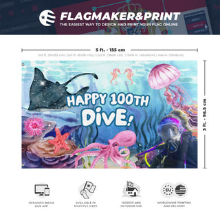 A mockup depicting custom flag specifications and measurements for 'Test 1 flag'