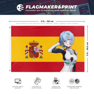 A mockup depicting custom flag specifications and measurements for 'rei/spain flag'