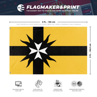 A mockup depicting custom flag specifications and measurements for 'Fraternitas Veritas flag'
