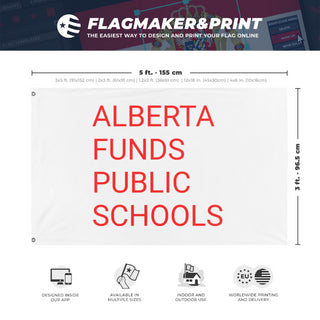 A mockup depicting custom flag specifications and measurements for 'ABFUNDSPUBLICSCHOOLS flag'