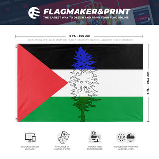 A mockup depicting custom flag specifications and measurements for 'Cascadia for Palestine/Palestinian Cascadian flag'
