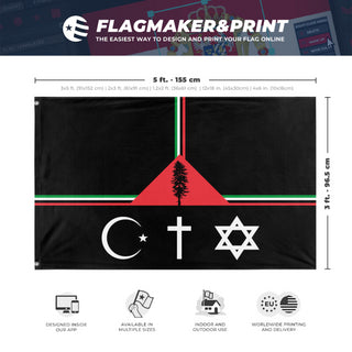 A mockup depicting custom flag specifications and measurements for 'Cascadia for One State Solution Palestine flag'