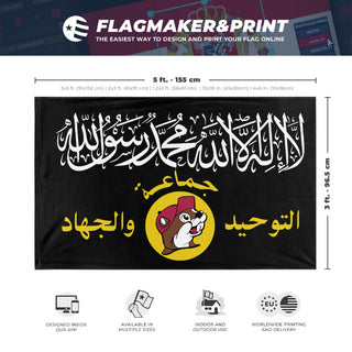 A mockup depicting custom flag specifications and measurements for 'Bucee's Caliphate Flag'