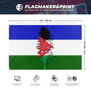 A mockup depicting custom flag specifications and measurements for 'Cascadia for Palestine'