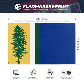 A mockup depicting custom flag specifications and measurements for 'Cascadia Redesign Flag'