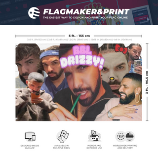 A mockup depicting custom flag specifications and measurements for 'BBL DRIZZY flag'