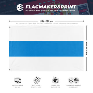 A mockup depicting custom flag specifications and measurements for 'White-Azure-White Russia flag'