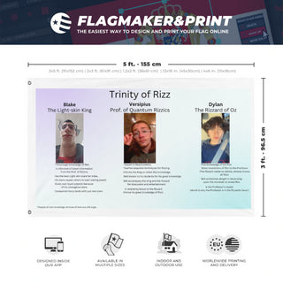 A mockup depicting custom flag specifications and measurements for 'GiftFriend flag'