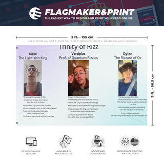 A mockup depicting custom flag specifications and measurements for 'Trinity of Rizz flag'