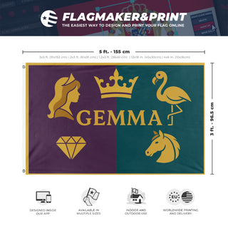 A mockup depicting custom flag specifications and measurements for 'gem flag'