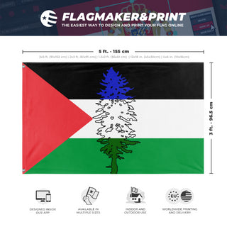 A mockup depicting custom flag specifications and measurements for 'Cascadia for Palestine'