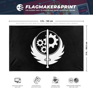 A mockup depicting custom flag specifications and measurements for 'Black and White Brotherhood of Steel flag'