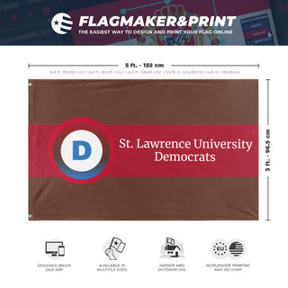 A mockup depicting custom flag specifications and measurements for 'St. Lawrence University Democrats Flag'