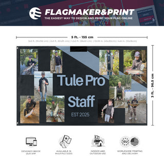 A mockup depicting custom flag specifications and measurements for 'tule pro staff  flag'