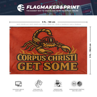 A mockup depicting custom flag specifications and measurements for 'get some  flag'