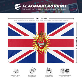 A mockup depicting custom flag specifications and measurements for 'Sacred Heart of Britain flag'