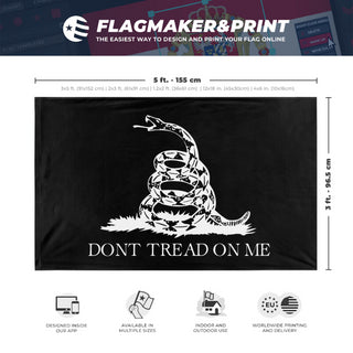 A mockup depicting custom flag specifications and measurements for 'Black and White Gadsden flag'