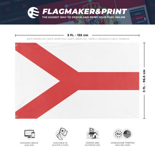 A mockup depicting custom flag specifications and measurements for 't test 1 flag'