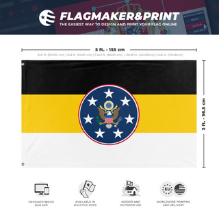 A mockup depicting custom flag specifications and measurements for 'Russian American Empire flag'